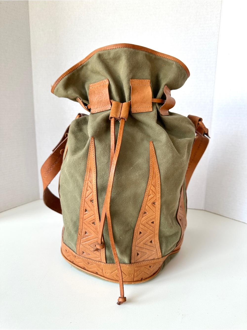 Vintage Tan Leather-Trim Olive Canvas Drawstring Bucket Bag Tribal Pattern
